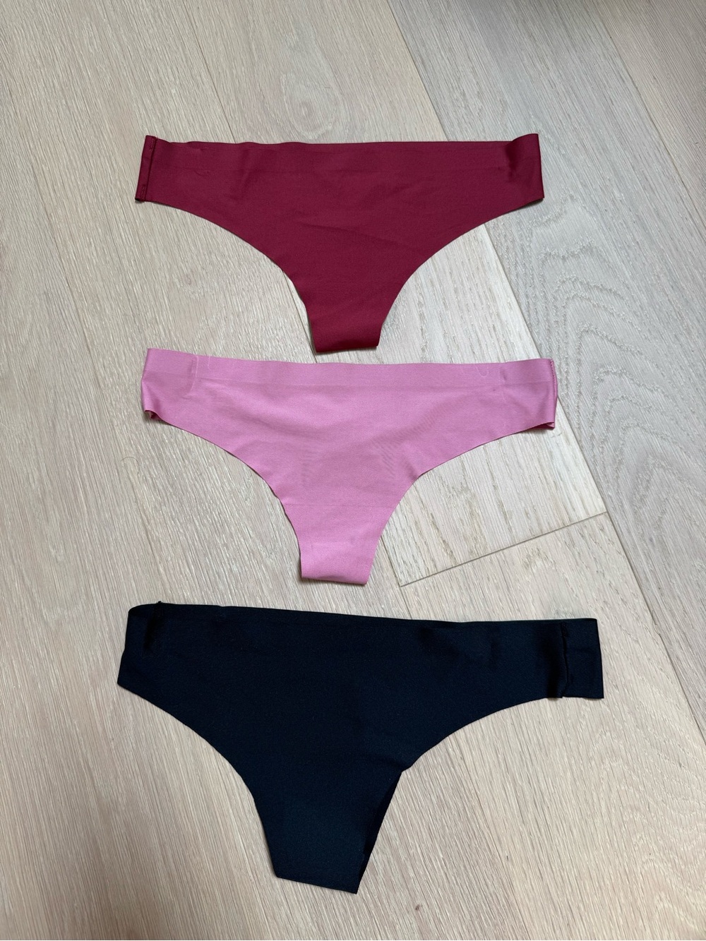 sophie b. Trio of Seamless Thong Underwear in Wine, Pink, and Black